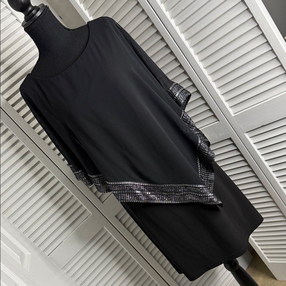 SLNY Black Asymmetrical Dress with Silver Trim